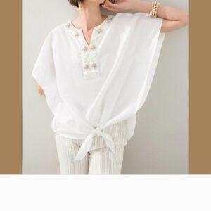 Chico's Linen Blend Boho Embellished Tie Front Top,sz 0.